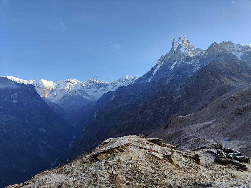 Panoramic view of South Annapurna, Hiunchuli and Machhapuchhre from the ridge