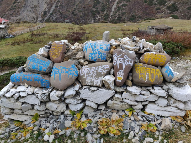Stones engraved with Tibetan mantras, painted blue, white, and yellow on a low stone wall.