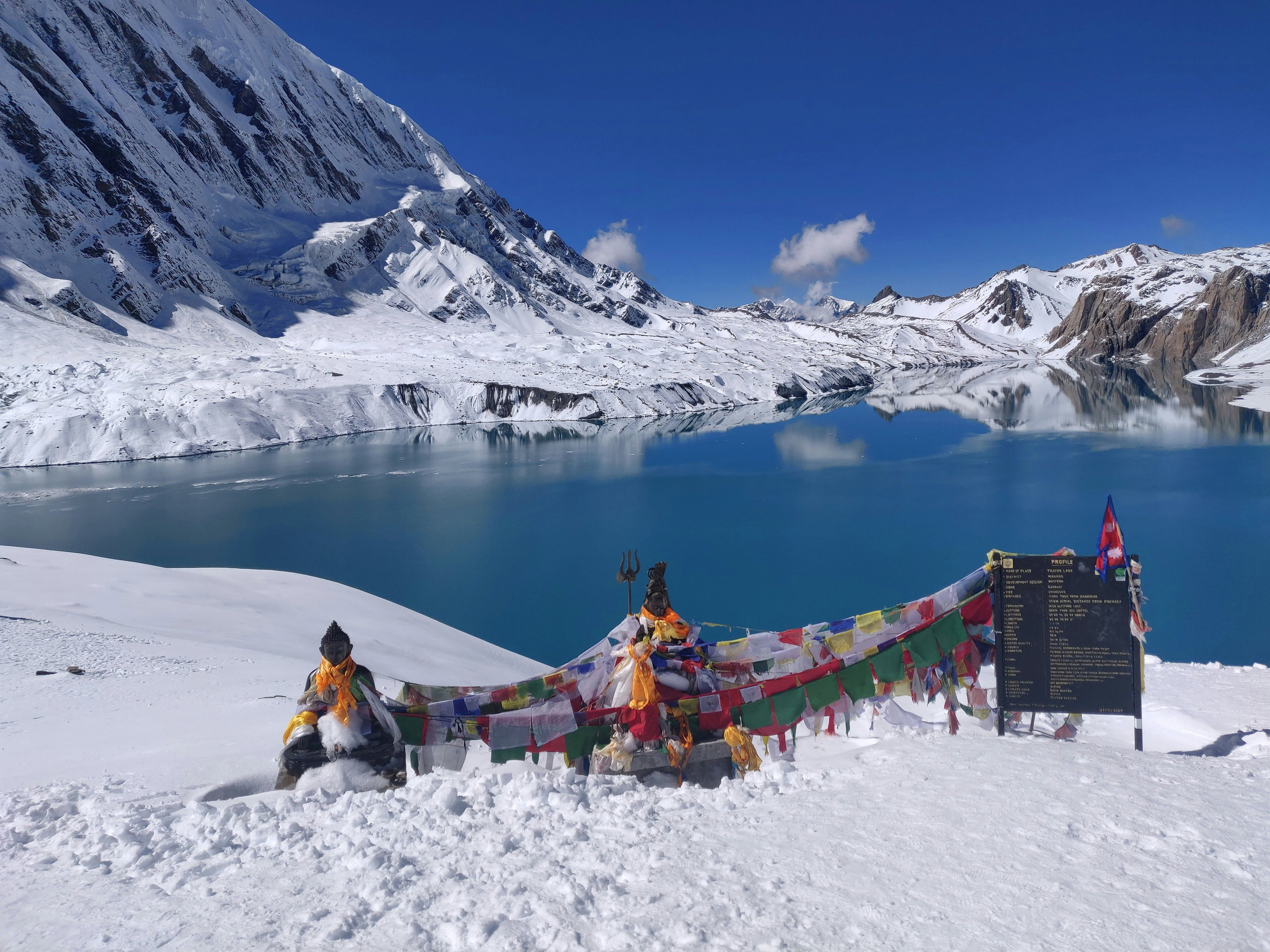 A view of Lake Tilicho in Nepal, surrounded by snow-capped mountains, with Tibetan prayer flags in the foreground.