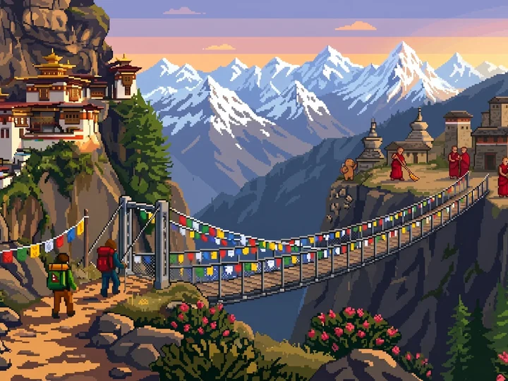 16-bit illustration of a Himalayan ridge with prayer flags at a high mountain pass under a bright blue sky.