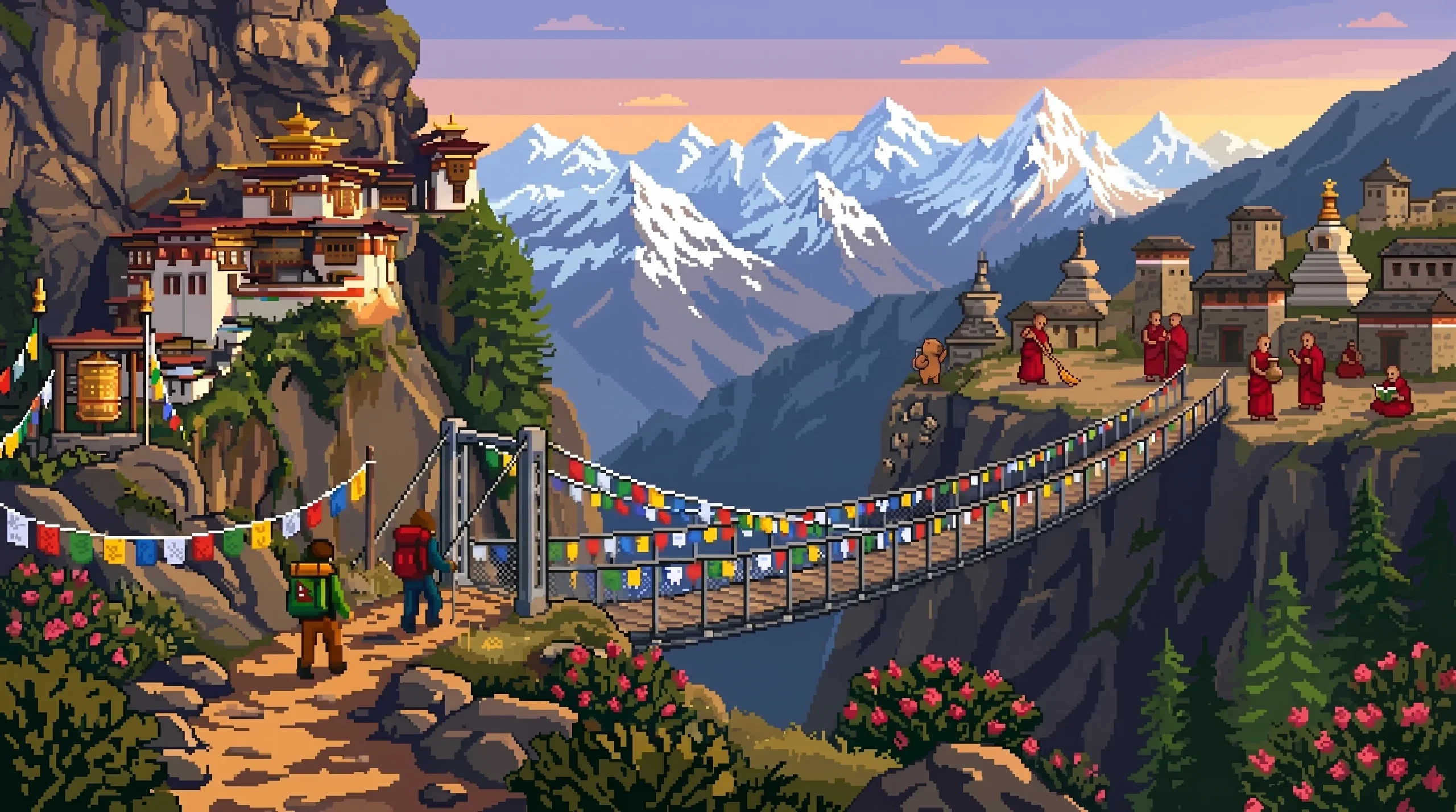 16-bit illustration of a Himalayan ridge with prayer flags at a high mountain pass under a bright blue sky.