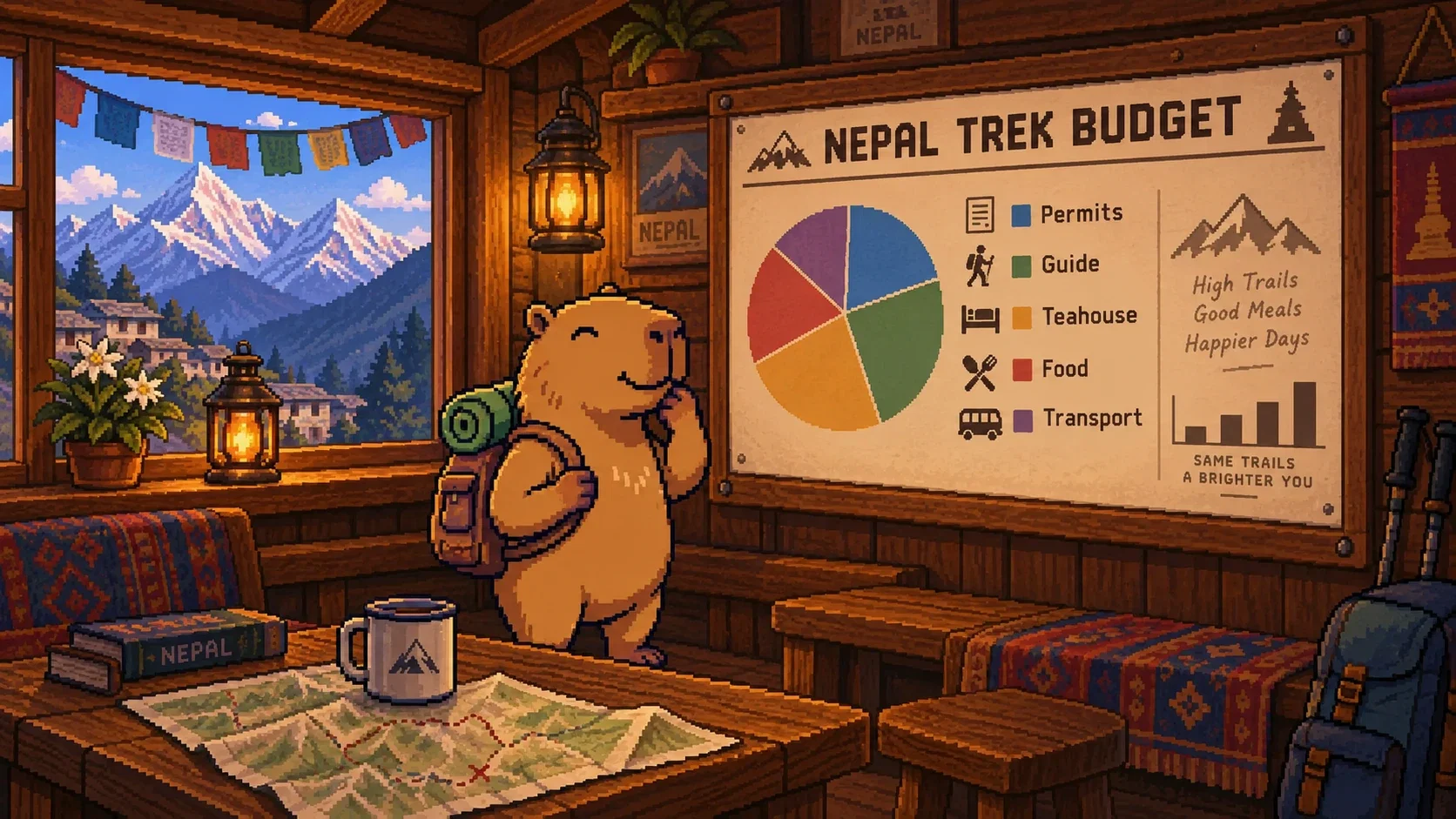 The capybara mascot is looking at a chart showing a budget breakdown, set against the backdrop of a Nepalese lodge.