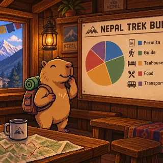 The capybara mascot is looking at a chart showing a budget breakdown, set against the backdrop of a Nepalese lodge.