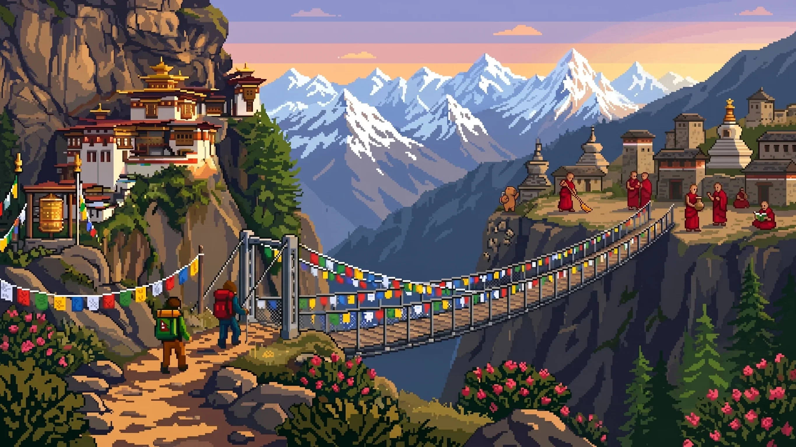 16-bit illustration of a Himalayan ridge with prayer flags at a high mountain pass under a bright blue sky.